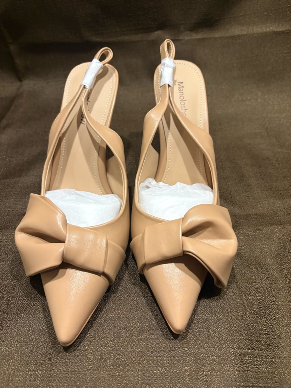 Nude/Tan Bow Pointed-Toe Slingback Flats 8.5